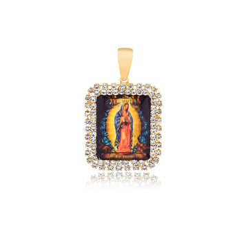 18K Gold Layered Oro Laminado Enamel Virgen de Guadalupe CZ Square Pendant 31.0001/17